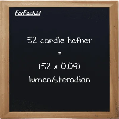 How to convert candle hefner to lumen/steradian: 52 candle hefner (HC) is equivalent to 52 times 0.09 lumen/steradian (lm/sr)